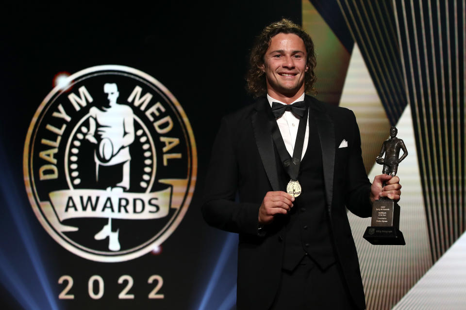 Seen here, 2022 NRL Dally M medallist Nicholas Hynes posing for photo's during Australian rugby league's night of nights.