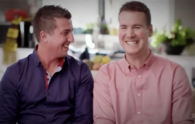 Footy mates Mark and Chris have been friends since high school. Bromance! Source: Channel Seven