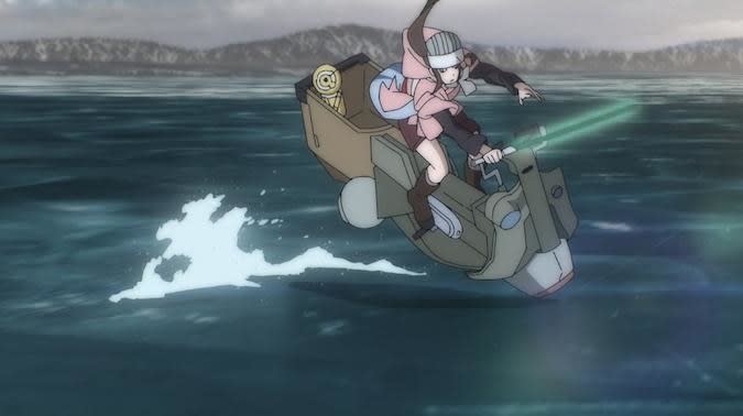 Animated girl on a speeder bike holds a lightsaber