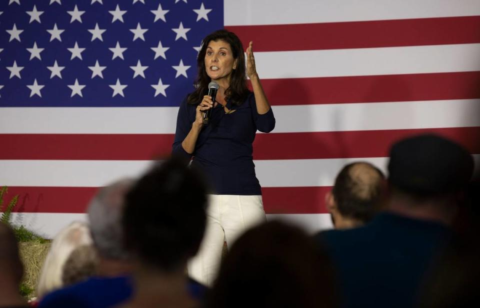 Nikki Haley speaks to home-town supporters during a campaign rally at The Grove in Lexington County on Thursday, April 06, 2023.