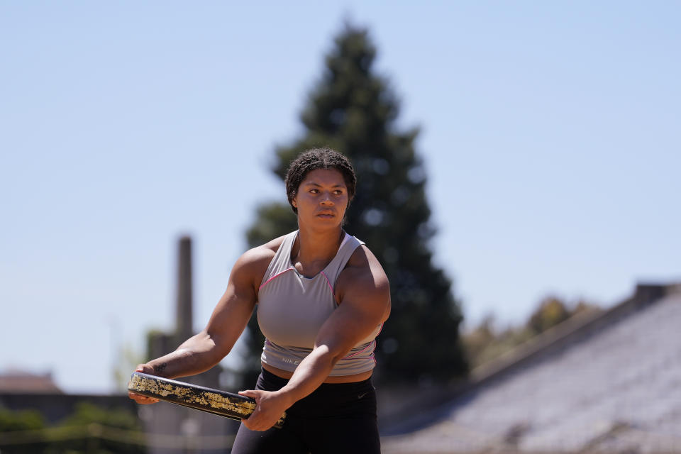 Camryn Rogers performs a drill during practice in Berkeley, Calif., Thursday, May 2, 2024. (AP Photo/Jeff Chiu)