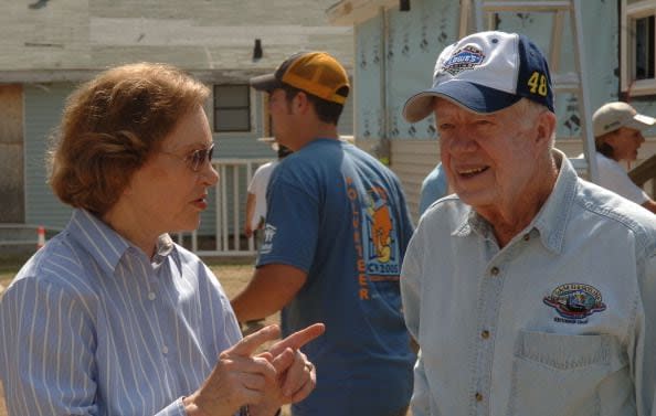 Rosalynn Carter and Former President Jimmy Carter during Habitat for Humanity - 2005 Jimmy Carter Work Project - Day 2 at Benton Harbor in Benton Harbor, Michigan, United States. ***Exclusive*** (Photo by R. Diamond/WireImage)