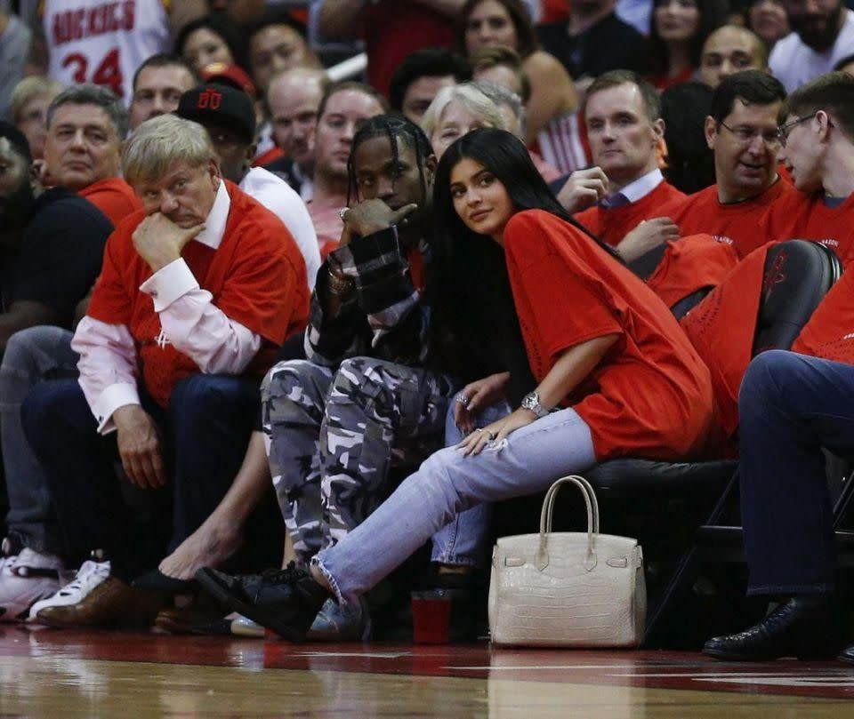 Kylie is thought to be expecting with Travis Scott, seen here together in April 2015. Source: Getty