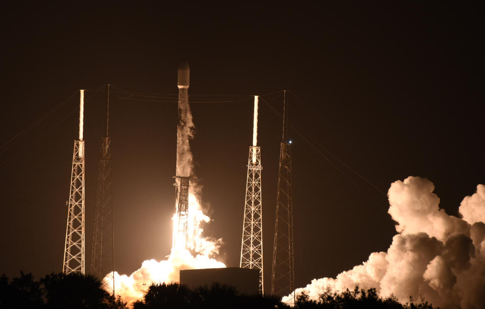 CAPE CANAVERAL, FLORIDA, UNITED STATES - DECEMBER 11: A SpaceX Falcon 9 rocket launches the HAKUTO-R Mission 1 from pad 40 at Cape Canaveral Space Force Station on December 11, 2022 in Cape Canaveral, Florida. The rocket payload consists of a lunar lander built by Japanese company iSpace and two robotic lunar rovers built by the United Arab Emirates and the Japanese space agency. The rocket launch will also carry NASAâs Lunar Flashlight, a small satellite the space agency will use to map water ice on the Lunar South Pole. (Photo by Paul Hennessy/Anadolu Agency via Getty Images)