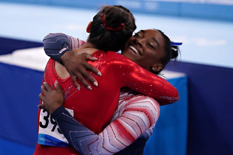 Simone Biles (R) will be the first American woman in history to compete in six world artistic gymnastics championships when she competes in the event, which will start Sept. 30 in Antwerp, Belgium. File Photo by Richard Ellis/UPI