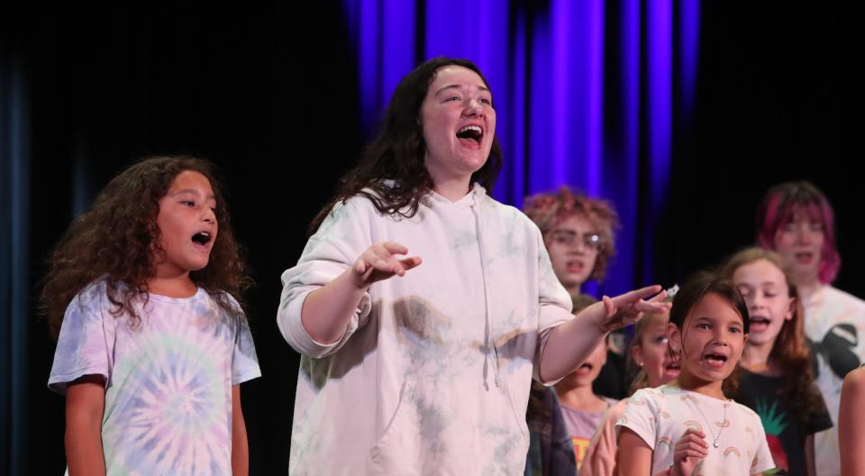 Kerry Hunter performs as Mary Poppins during the Tarrytown Music Hall Academy's two-week theater camp Aug. 1, 2023. Ashley Brown, the original Mary Poppins on Broadway, was there to offerer her advice.