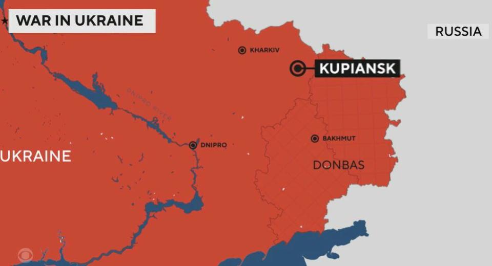 A map shows the location of the city of Kupyansk, a rail hub in eastern Ukraine's Kharkiv region. / Credit: CBS News