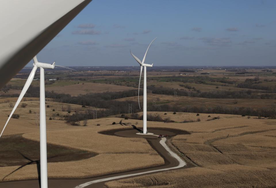 The view from atop a MidAmerican Energy wind turbine at the Macksburg wind project turbine farm in rural Macksburg.