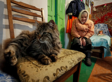 Retired school principal Nadiya Yurchenko, 79, warms herself by a stove in her neighbour's house as a cat lies nearby in the village of Skryhalivka, Kiev region, Ukraine February 11, 2019. REUTERS/Gleb Garanich