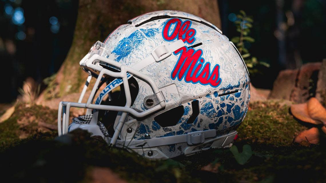 Ole Miss football will wear helmets that promote an outdoors apparel company when the Rebels play the Kentucky Wildcats on Oct. 1, 2022 in Oxford, Miss.
