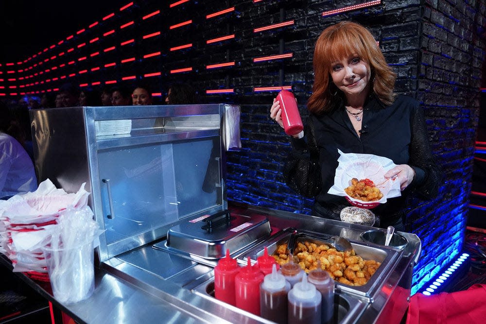 Reba McEntire with her tater tot cart in Season 24, Episode 3, of "The Voice."