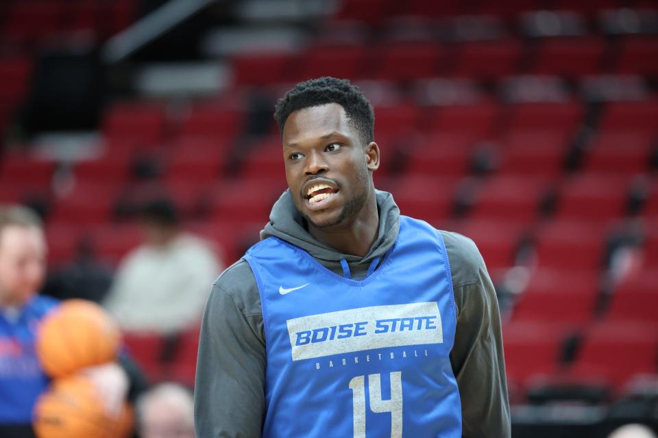 Mar 16, 2022; Portland, OR, USA; Boise State Broncos guard Emmanuel Akot (14) during practice before the first round of the 2022 NCAA Tournament at Moda Center. Mandatory Credit: Jaime Valdez-USA TODAY Sports