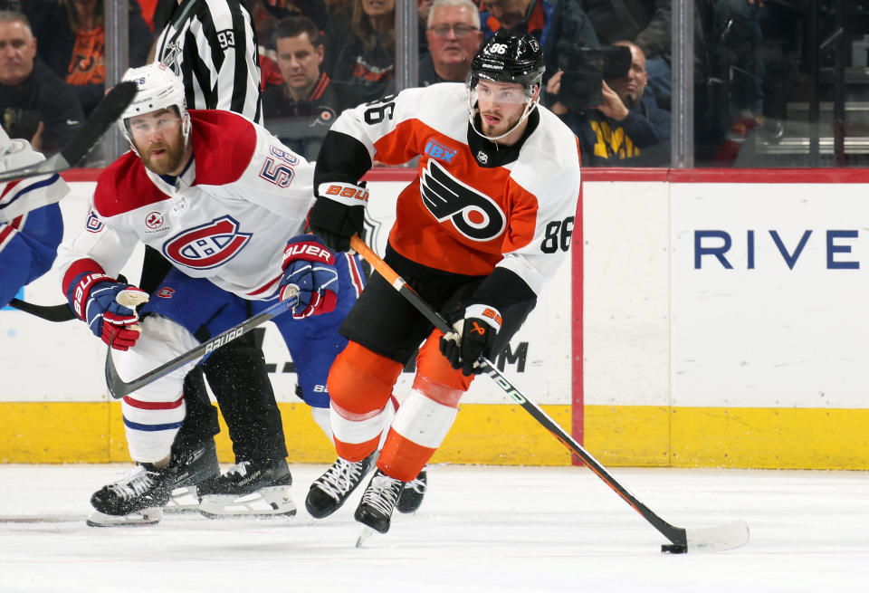 Joel Farabee #86 of the Philadelphia Flyers.  (Photo by Len Redkoles/NHLI via Getty Images)