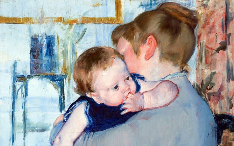 Mummy issues: detail from Mary Cassatt's Baby in Dark Blue Suit, Looking Over His Mother's Shoulder (1889)