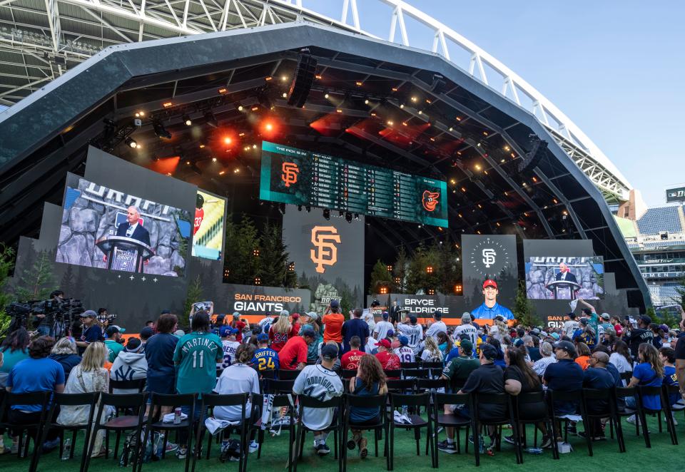 Another Bryce! Commissioner Rob Manfred announces San Francisco Giants pick Bryce Eldridge during the first round of the MLB Draft at Lumen Field in Seattle on Sunday, July 9, 2023.