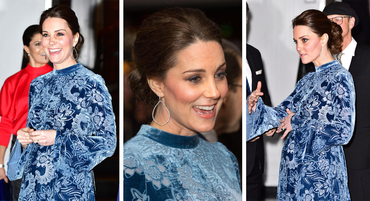 The Duchess of Cambridge turned to London Fashion Week designer Erdem for her velvet midi dress [Photo: Getty]