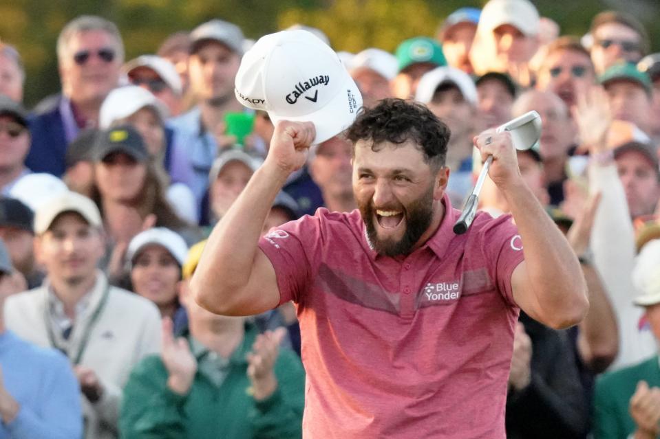 Jon Rahm reacts on the 18th green after winning the Masters on Sunday.