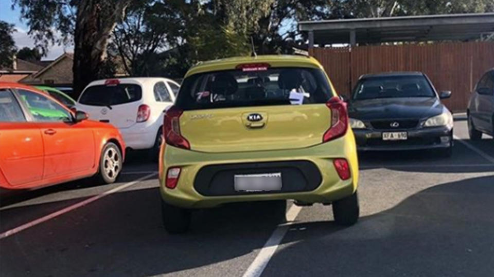 The car in Burnside Village carpark took up two parking spots, which left other shopping irritated. Source: Instagram