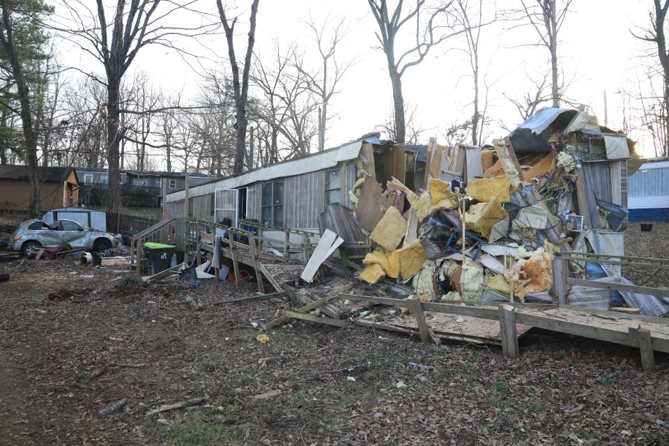 The home of Teresa Johnson she shares with her grandsons was damaged in the tornado in Clarksville Dec. 9. The home sit in disrepair on Dec. 13, 2023.