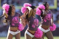 <p>Washington Redskins cheerleaders perform in the second half of an NFL football game between the Redskins and the Philadelphia Eagles, Sunday, Oct. 16, 2016, in Landover, Md. (AP Photo/Mark Tenally) </p>