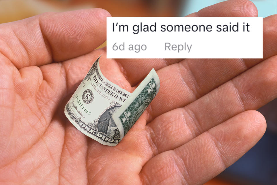 hand holding a tiny dollar bill representing the shrinking value of money and a tiktok comment saying I'm glad someone said it