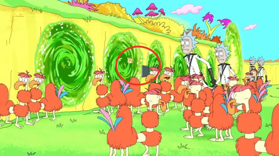 Ricks walking through a field of ostrich-like creatures next to multiple portals in "Rick and Morty"