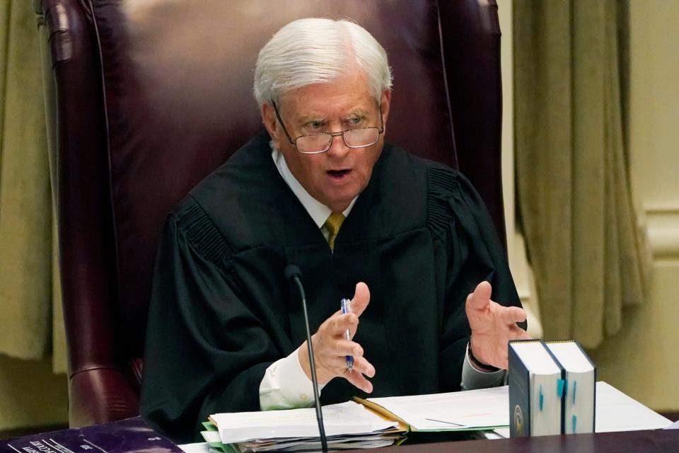 Mississippi Supreme Court Chief Justice Michael Randolph questions attorneys presenting arguments over a lawsuit that challenges the state's initiative process and seeks to overturn a medical marijuana initiative that voters approved in November 2020, Wednesday, April 14, 2021, in Jackson, Miss.