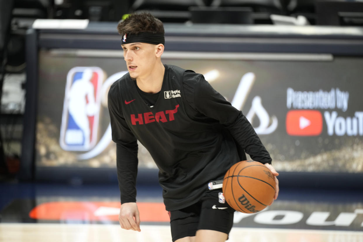 Miami Heat guard Tyler Herro takes part in practice for Game 2 of the NBA Finals, Saturday, June 3, 2023, in Denver. (AP Photo/David Zalubowski)