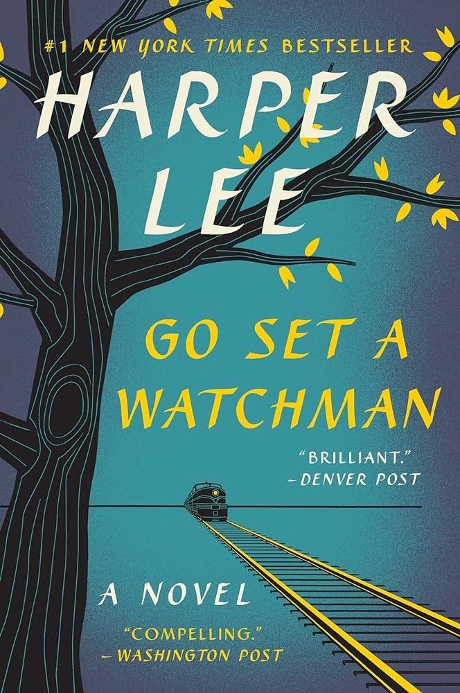 Cover of "Go Set a Watchman" by Harper Lee, featuring a tree and a train with reviews