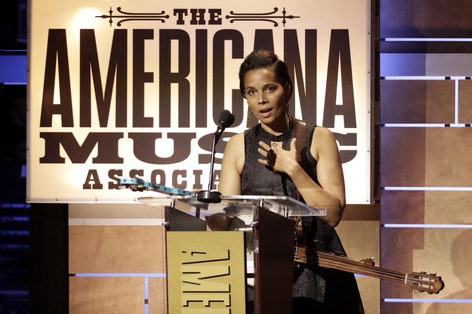 Rhiannon Giddens accepts the Legacy of Americana Award at the Americana Honors & Awards show Wednesday, Sept. 11, 2019, in Nashville, Tenn. (AP Photo/Wade Payne)