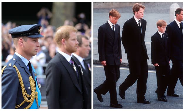 A shot of the two brothers walking on Sep. 14. and a photo (R) of Princes William and Harry walking behind their mother's coffin in 1997. (Photo: Getty)