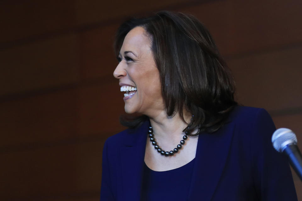 Sen. Kamala Harris, D-Calif., speaks to the members of the media at her alma mater, Howard University, Monday, Jan. 21, 2019 in Washington, following her announcement earlier in the morning that she will run for president. Harris, a first-term senator and former California attorney general known for her rigorous questioning of President Donald Trump's nominees, entered the Democratic presidential race on Monday. Vowing to "bring our voices together," Harris would be the first woman to hold the presidency and the second African-American if she succeeds. (AP Photo/Manuel Balce Ceneta)