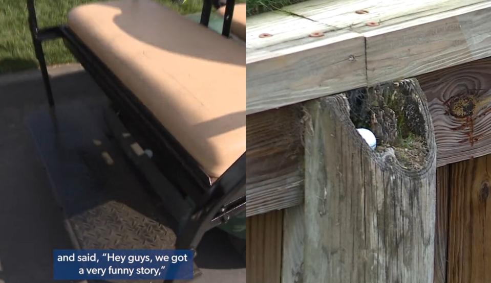   A golf ball in a golf cart and a golf ball in a wooden hollow 