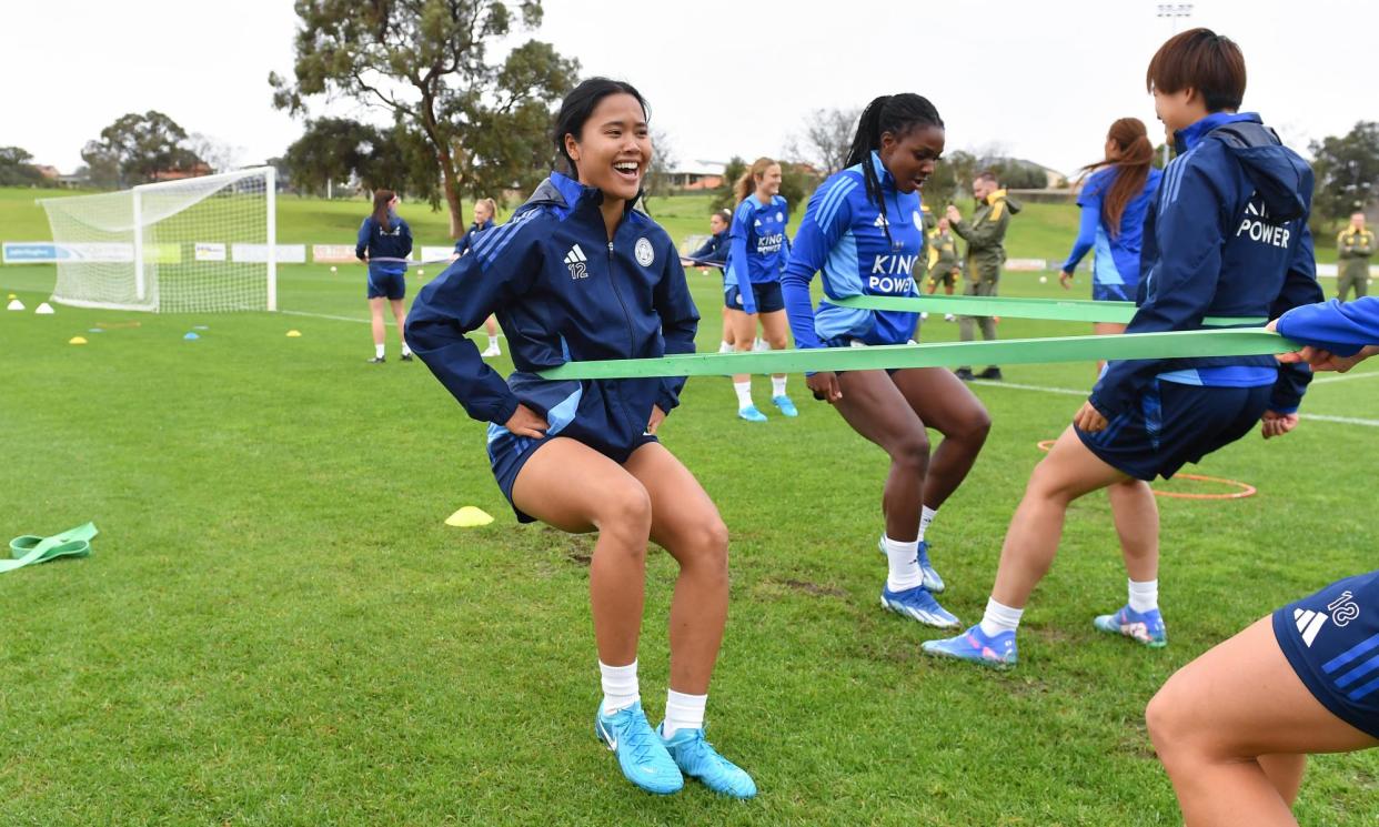 <span>Asmita Ale (left) and Deanne Rose limbering up for the new season.</span><span>Photograph: Plumb Images/Leicester City FC/Getty Images</span>