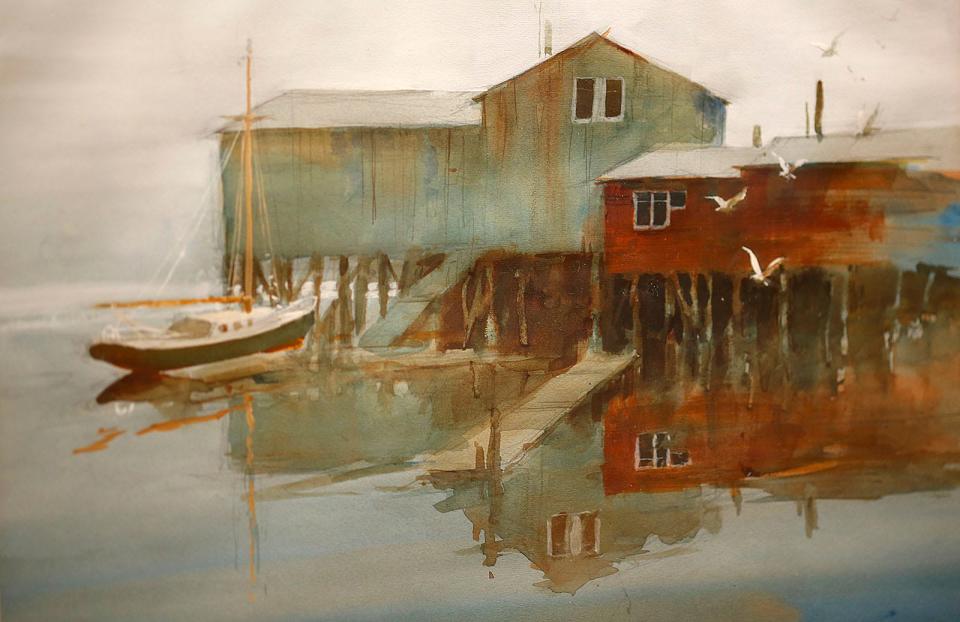 A watercolor by George Shedd shows a fish pier. He painted up and down the New England coastline.