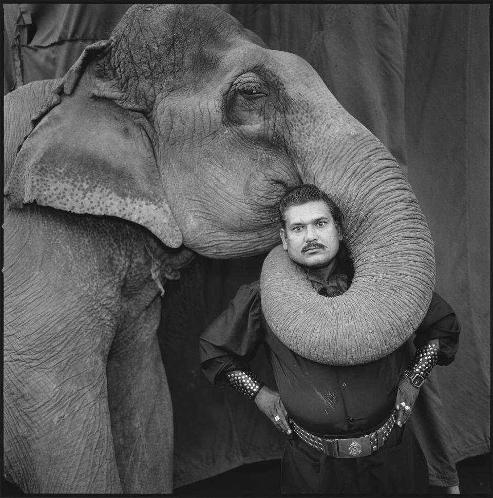 <p>Ram Prakash Singh with his elephant Shyama, Great Golden Circus, Ahmedabad, India, 1990. “I’m always looking for something that’s a little on the strange side, some kind of tension or a feeling that is slightly off-putting. This picture of the elephant and his trainer is one of my most well-known pictures from the Indian circus. He had the elephant perform that for me (I think he was showing off). But what makes the portrait work so well is the elephant’s expression. I took several pictures of this act, so much so that the elephant got fed up. He looked at me from the side as if to say, ‘Ugh, Mary Ellen, that’s enough. This is your last frame.’ Afterward, the trainer insisted that I get my picture taken with the elephant’s trunk around me. It was very heavy!” (© Mary Ellen Mark courtesy Aperture) </p>