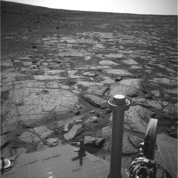 NASA's Opportunity Mars rover used its navigation camera to record this image of the northern end of "Solander Point," a raised section of the western rim of Endeavour Crater, on Aug. 8, 2013.