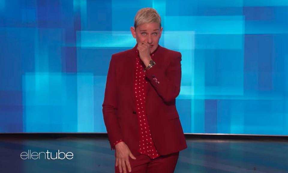 Ellen Degeneres holds hand to mouth while crying on The Ellen Degeneres Show's Kobe Bryant tribute