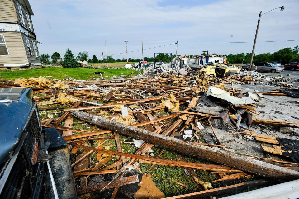 The destruction remains Tuesday, May 28 after Recreated Automotive at the intersection of Brookville Pyrmont Road and Johnsville Brookville Road was destroyed by tornadoes Monday night in Brookville. Streets were blocked for downed trees, power lines and debris scattered through the neighborhoods. WHIO File