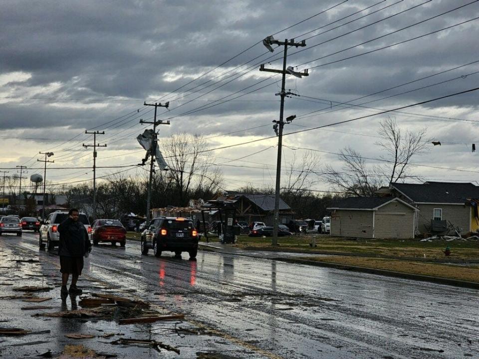 Destruction from a tornado that touched down on Saturday afternoon is seen on Tiny Town Road in Clarksville, Tennessee.