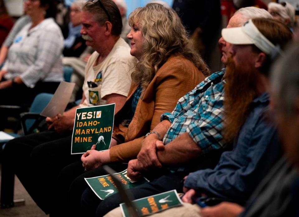 Theresa Youngman, who lives near Penn Valley, sits amid supporters of the Idaho-Maryland Mine project at a Nevada County planning commission meeting on May 11. “I have to go to Auburn to get a good-paying job,” she said. “We need jobs, and I’ll be the first person to drink the water that comes out of that mine.”
