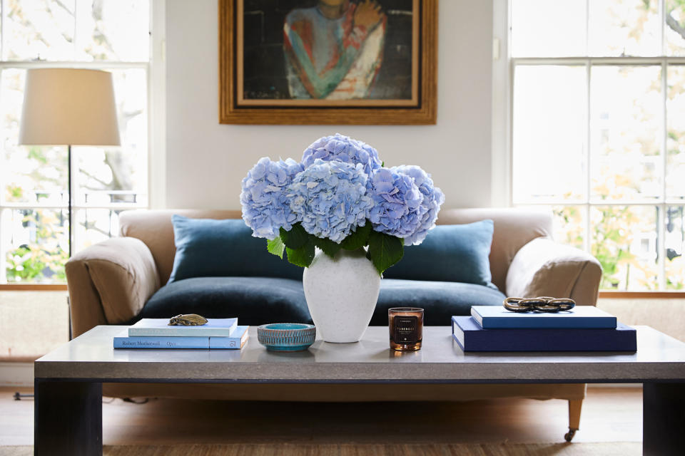 hydrangeas in a vase on a modern coffee table