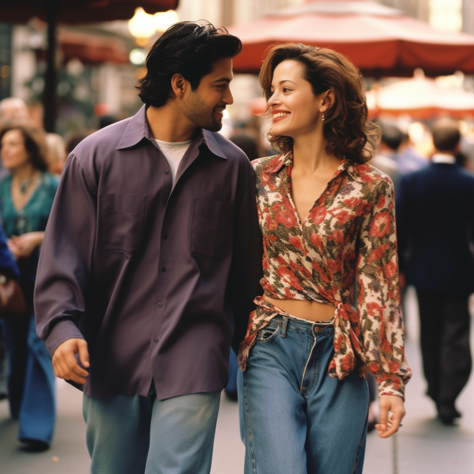 A couple walking down the street in the late 2000s