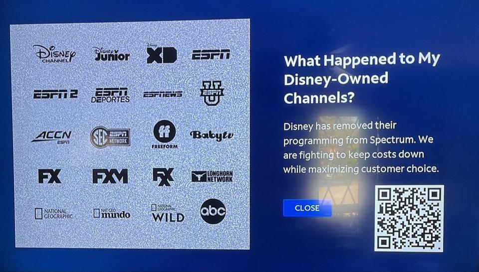 A photo of what Spectrum cable television customers saw Friday when they tried to watch ESPN, Disney Channel or other Disney owned channels. Disney pulled its programming after reaching an impasse in contract talks with Spectrum.