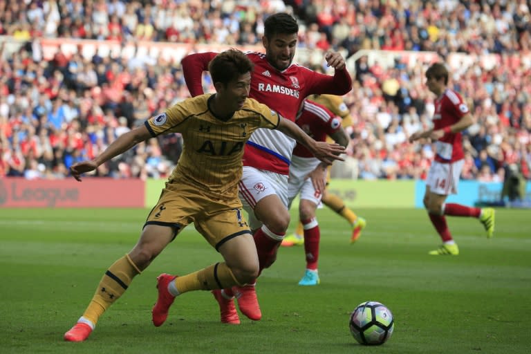 Tottenham Hotspur's striker Son Heung-Min (L) vies with Middlesbrough's defender Antonio Barragan during the English Premier League football match between Middlesbrough and Tottenham Hotspur