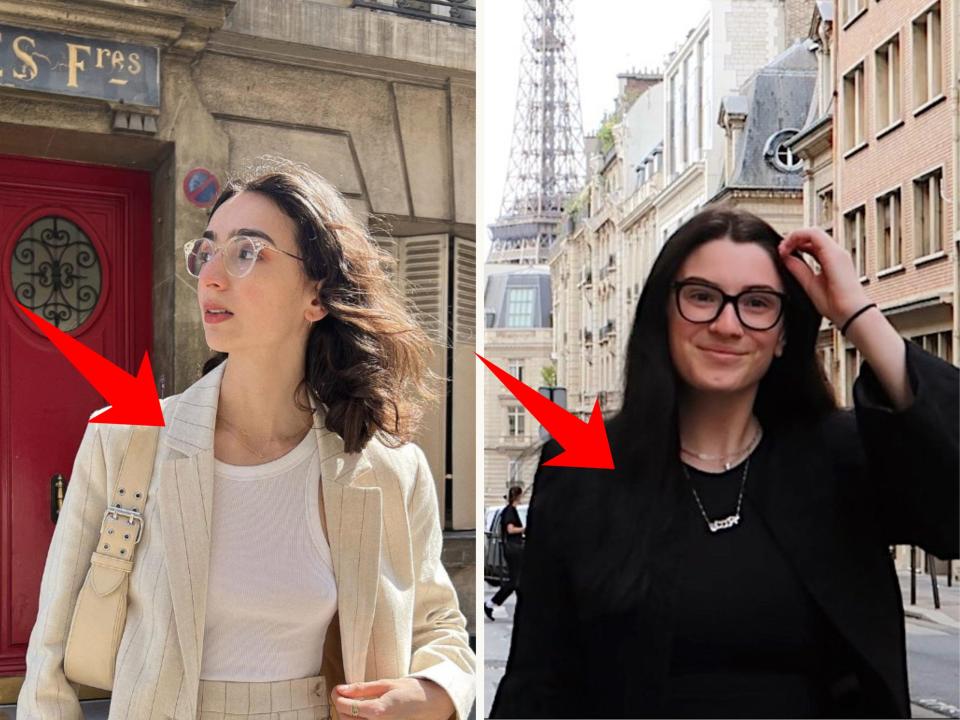 Pia Moubayed portant une veste crème (à gauche) ;  Journaliste interne avec une apparence similaire (à droite)