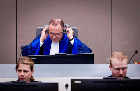 Presiding judge Bertram Schmitt is seen in the courtroom prior to the the sentencing of Jean-Pierre Bemba Gombo in the International Criminal Court (ICC) in The Hague, Netherlands March 22, 2017. PiREUTERS/Robin Van Lonkhuijsen/Pool