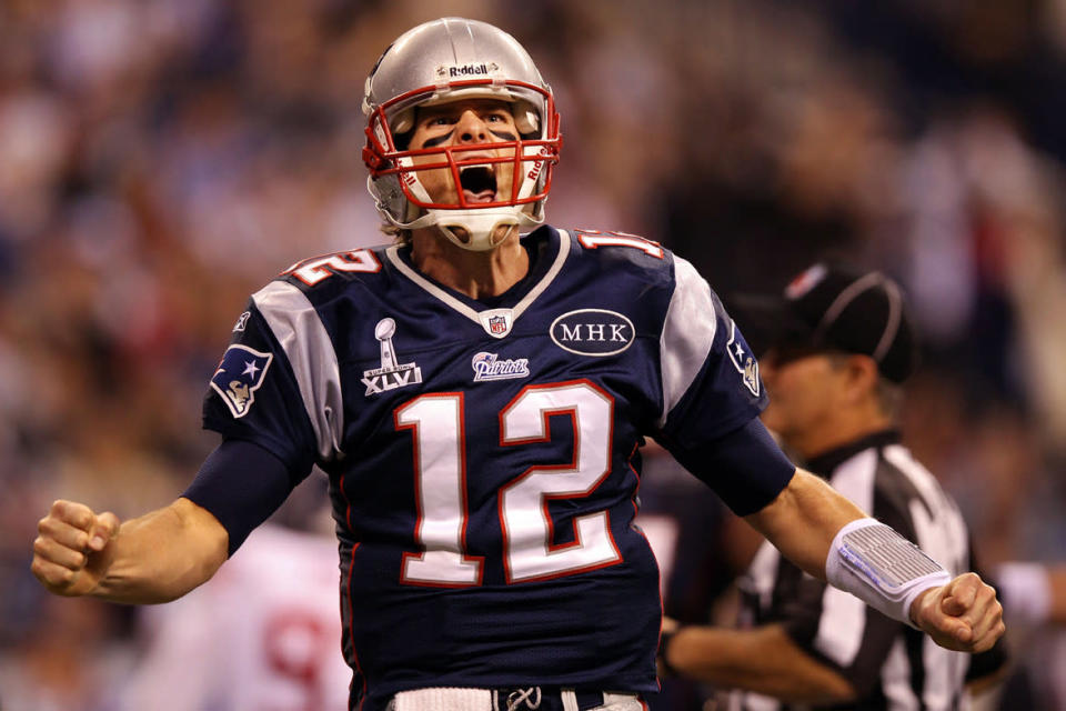 La joie du quaterback des new england Patriots, Tom Brady, après le touchdown d'Hernandez