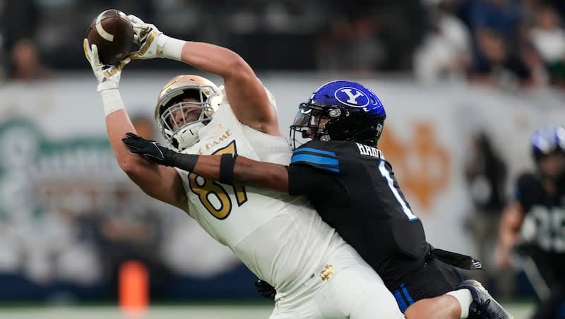 BYU defensive back Micah Harper (1) defends during game against Notre Dame Saturday, Oct. 8, 2022, in Las Vegas. Harper graduated in four years with a degree in business management, but will return to the team in 2024 while also beginning a master's program.