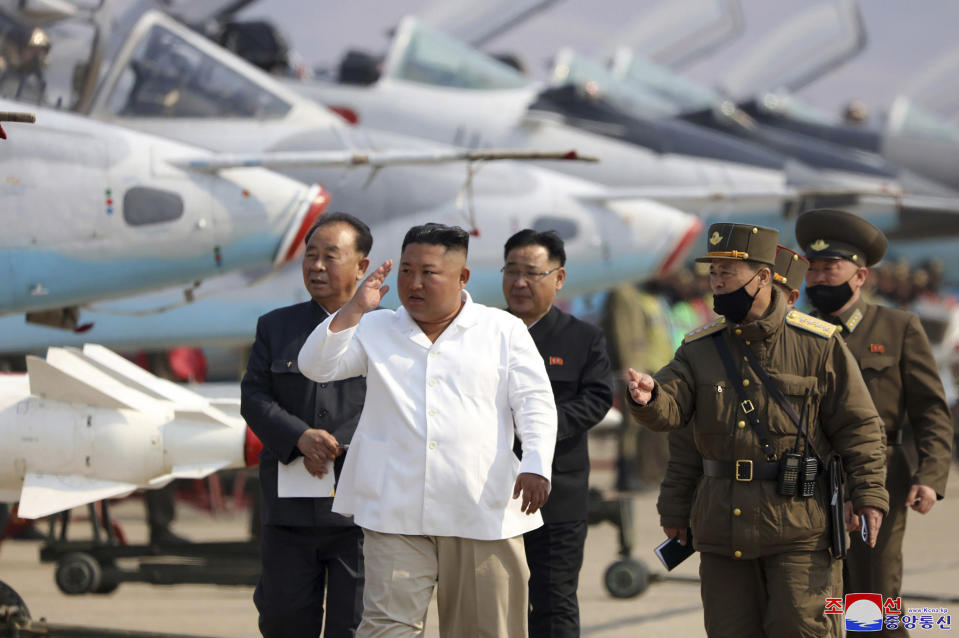 FILE - In this undated file photo provided by the North Korean government on April 12, 2020, North Korean leader Kim Jong Un inspects an air defense unit in western area, North Korea. The North on Thursday, Dec. 30, 2021, urged its 1.2 million troops to unite behind leader Kim and defend him with their lives, as the country celebrated the 10th anniversary of his ascension to supreme commander of the military. (Korean Central News Agency/Korea News Service via AP, File)